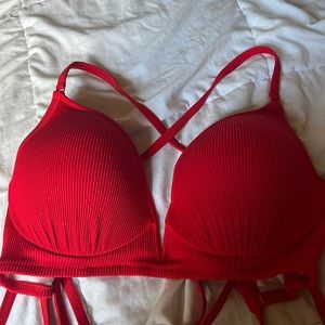 Strappy red padded bikini top